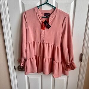 New Discreet Juniors Pink Long Sleeve Ruffle Tiered Blouse Top, Size S‎